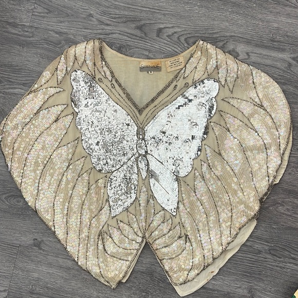 serenade Tops Vintage Serenade Silk Sequin Beaded Butterfly Top